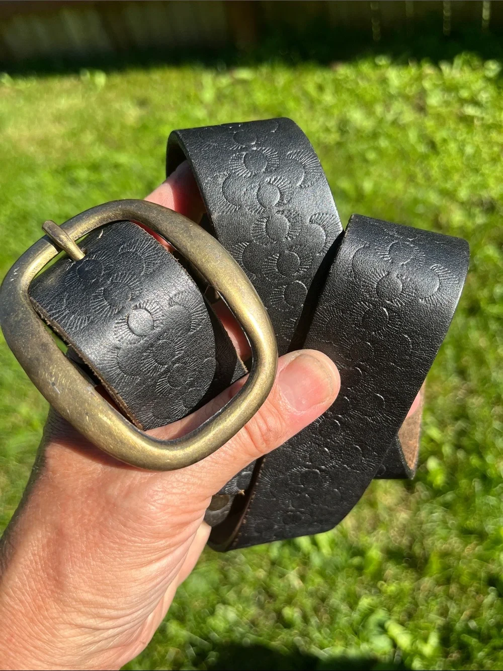 Black Embossed Leather Belt Brass Buckle vintage 70s